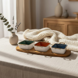 Porcelain Bowl Set & Wooden Base